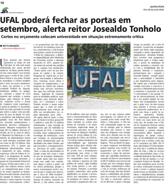 Jornal de Arapiraca  –  Ufal poderá fechar as portas em setembro, alerta reitor Josealdo Tonholo