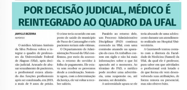 Gazeta de Alagoas  (Impresso) – Por decisão judicial, médico é reintegrado ao quadro da Ufal