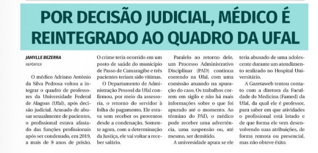 Gazeta de Alagoas  (Impresso) – Por decisão judicial, médico é reintegrado ao quadro da Ufal