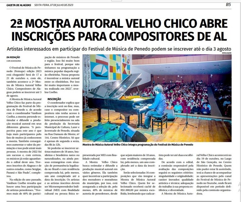 Gazeta de Alagoas - 2ª MOSTRA AUTORAL VELHO CHICO ABRE INSCRIÇÕES PARA COMPOSITORES DE AL