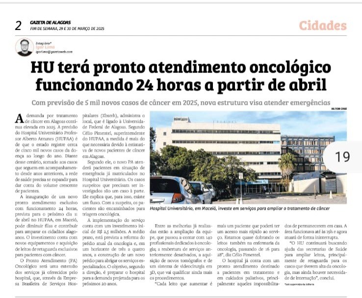 Jornal Gazeta de Alagoas -  HU terá pronto atendimento oncológico funcionando 24 horas a partir de abril