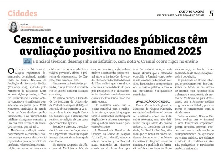Gazeta de Alagoas - Cesmac e universidades públicas têm avaliação positiva no Enamed 2025