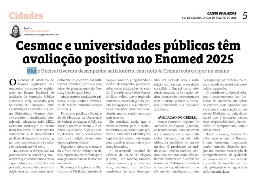 Gazeta de Alagoas - Cesmac e universidades públicas têm avaliação positiva no Enamed 2025