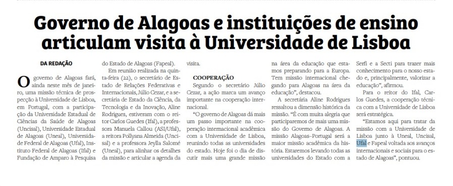 Gazeta de Alagoas - Governo de Alagoas e instituições de ensino articulam visita à Universidade de Lisboa